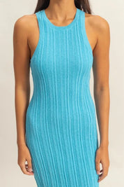 HYFVE Round Neck Blue Bodycon Ribbed Knit Dress | Tank Dresses Daverri Fashions