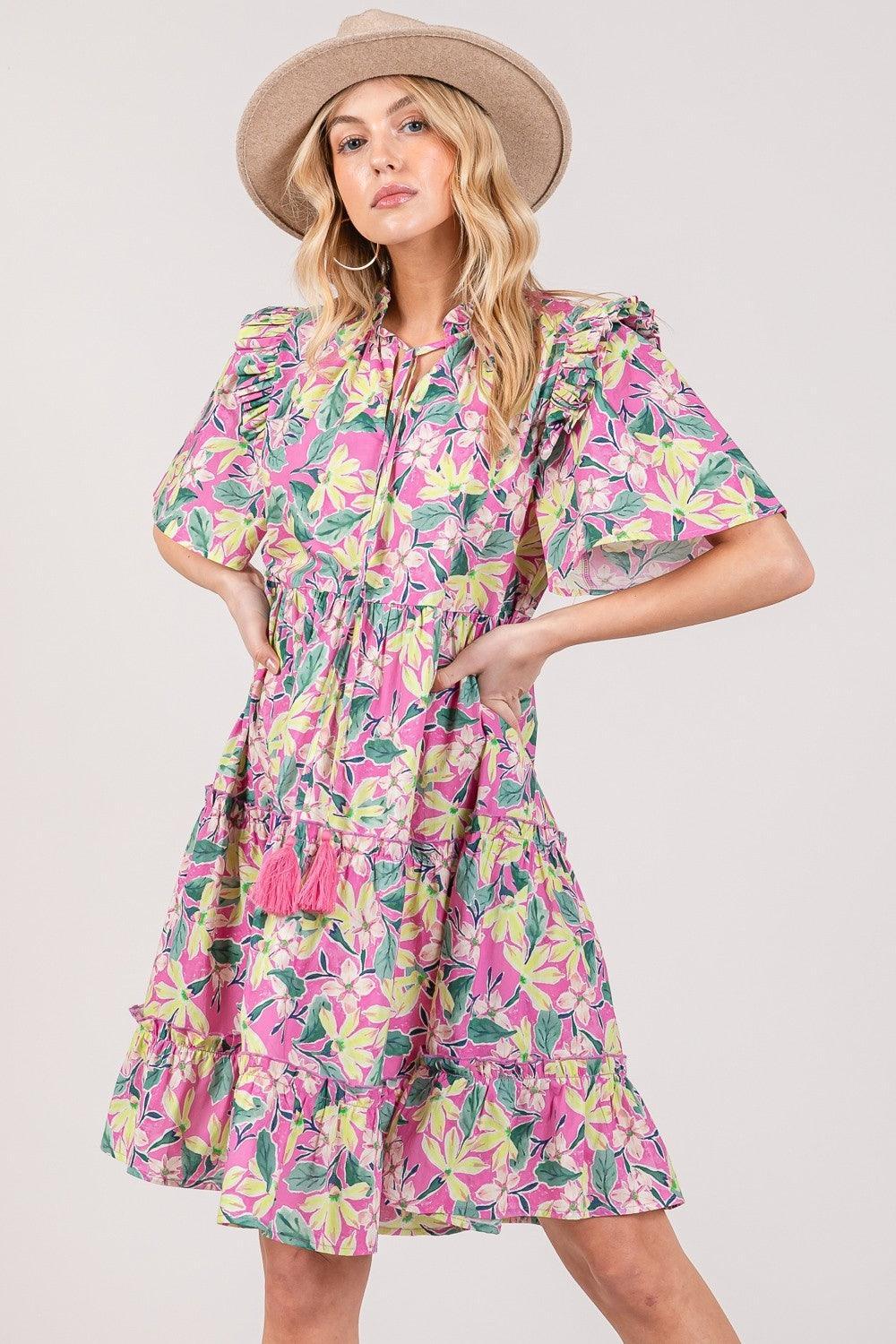 SAGE + FIG Floral Ruffle Short Sleeve Dress - DAVERRI FASHIONS