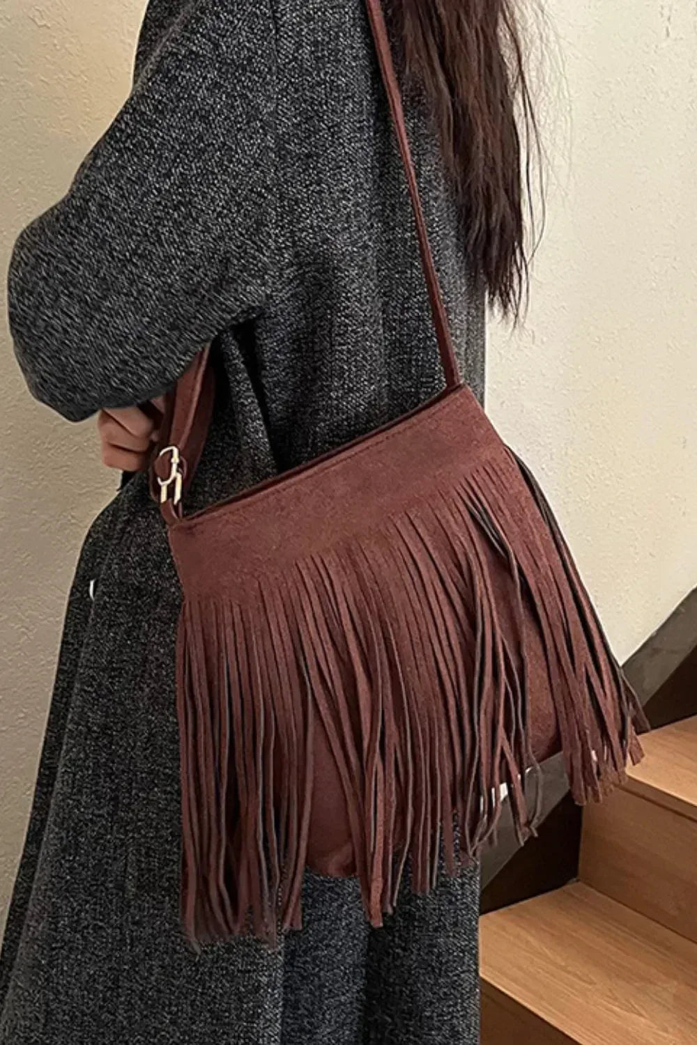 Suede Fringe Shoulder Bag - DAVERRI FASHIONS