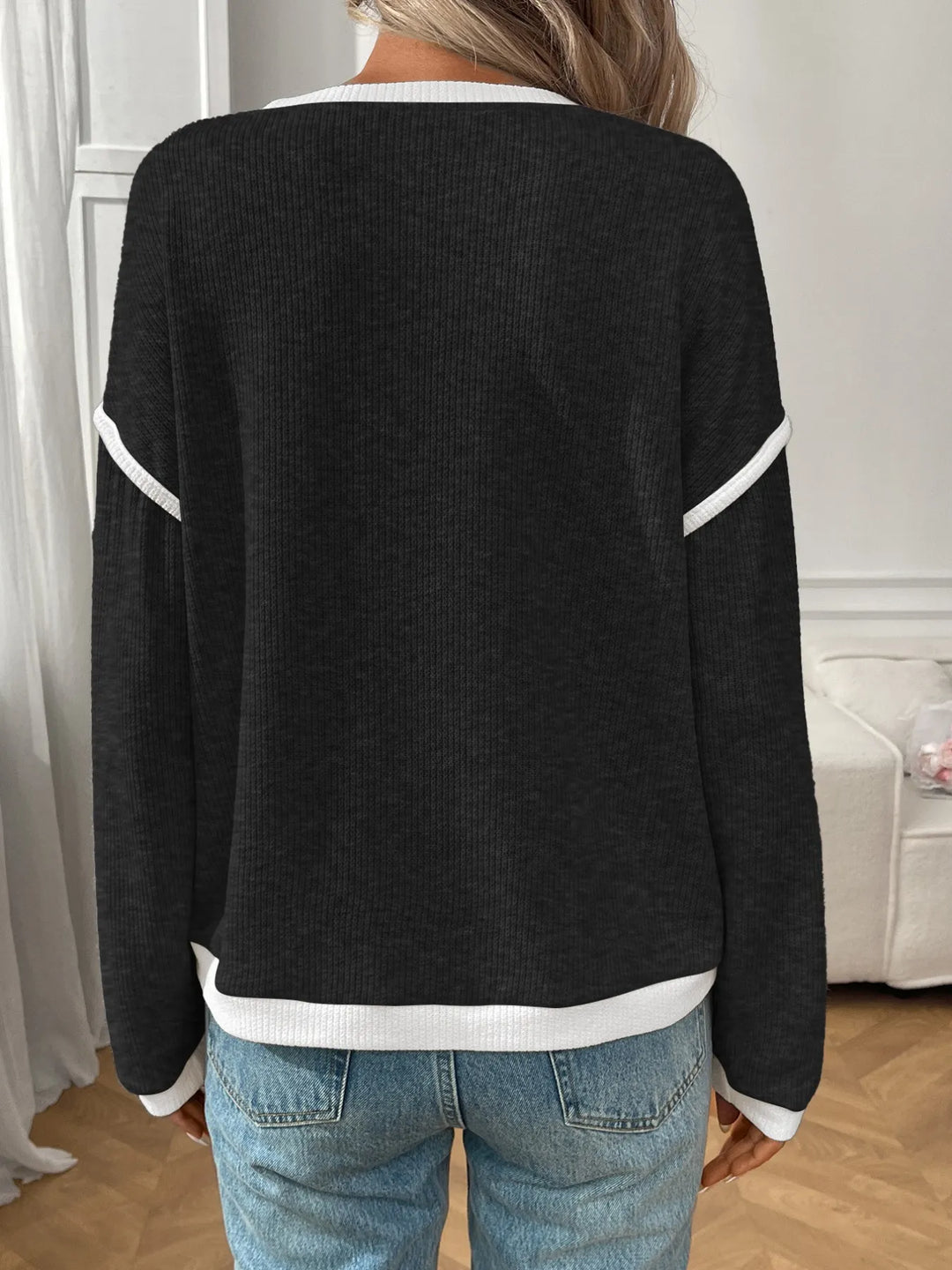Ribbed Contrast Trim Long Sleeve Top | Knit Tops Daverri Fashions