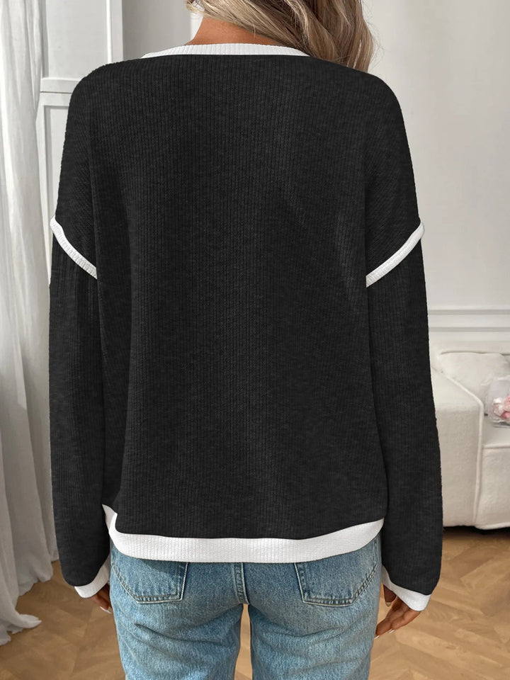 Ribbed Contrast Trim Long Sleeve Top | Knit Tops Daverri Fashions