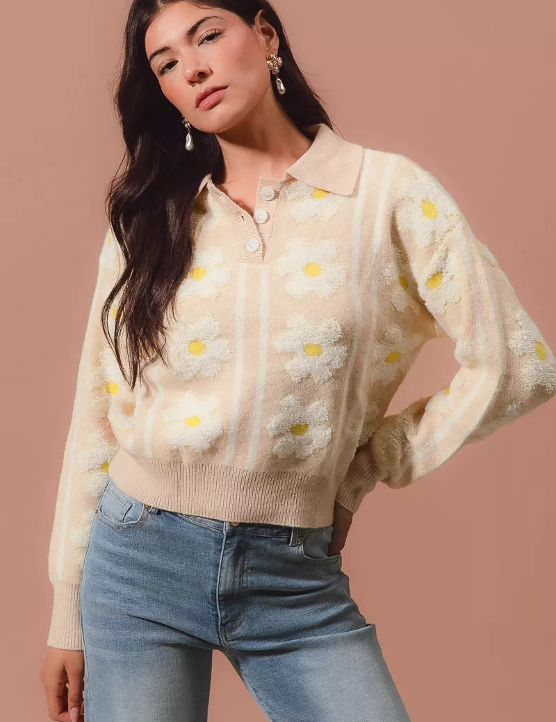 OATMEAL IVORY SO ME Floral Stripe Polo Collar Sweater | Sweaters Daverri Fashions