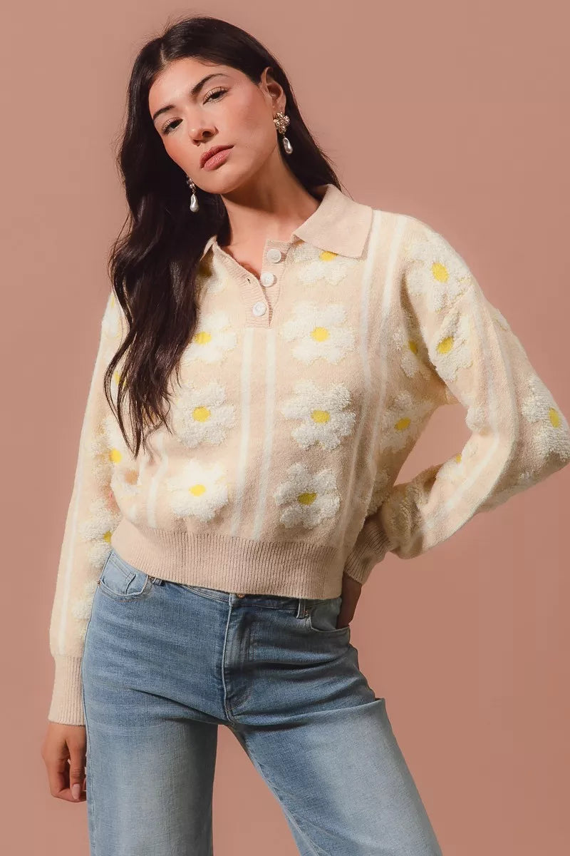 OATMEAL IVORY SO ME Floral Stripe Polo Collar Sweater | Sweaters Daverri Fashions