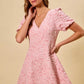 Soft pink floral lace SO ME jacquard fit and flare mini dress with v-neck and puffed sleeves