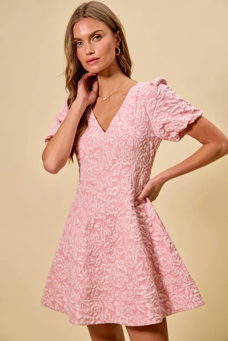 Soft pink floral lace SO ME jacquard fit and flare mini dress with v-neck and puffed sleeves