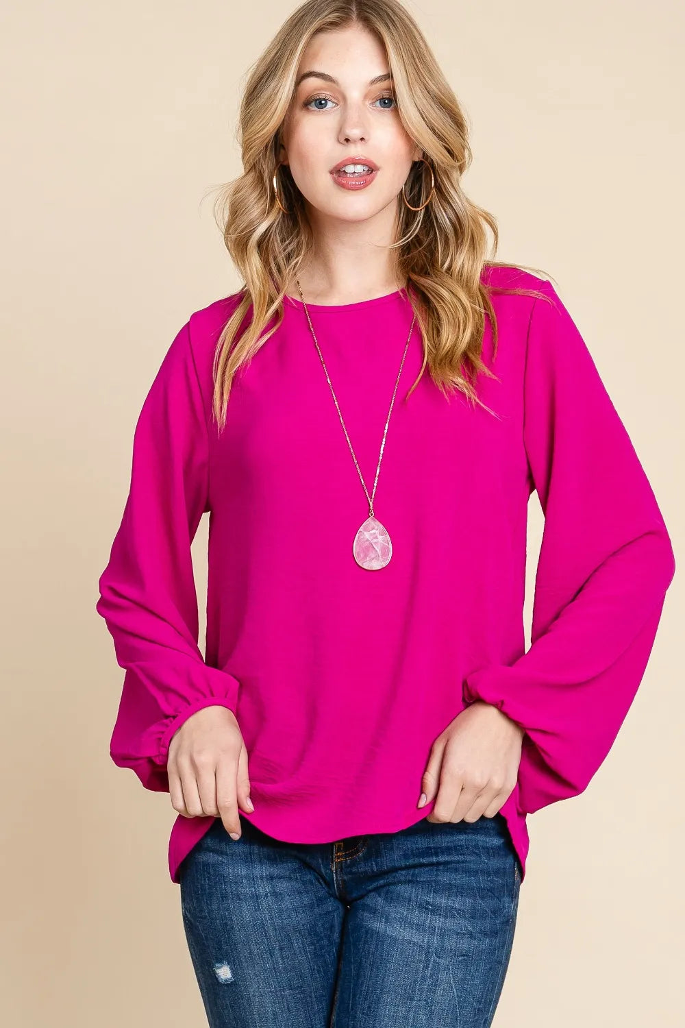 Magenta BOMBOM Textured Balloon Sleeve Blouse | Blouses Daverri Fashions