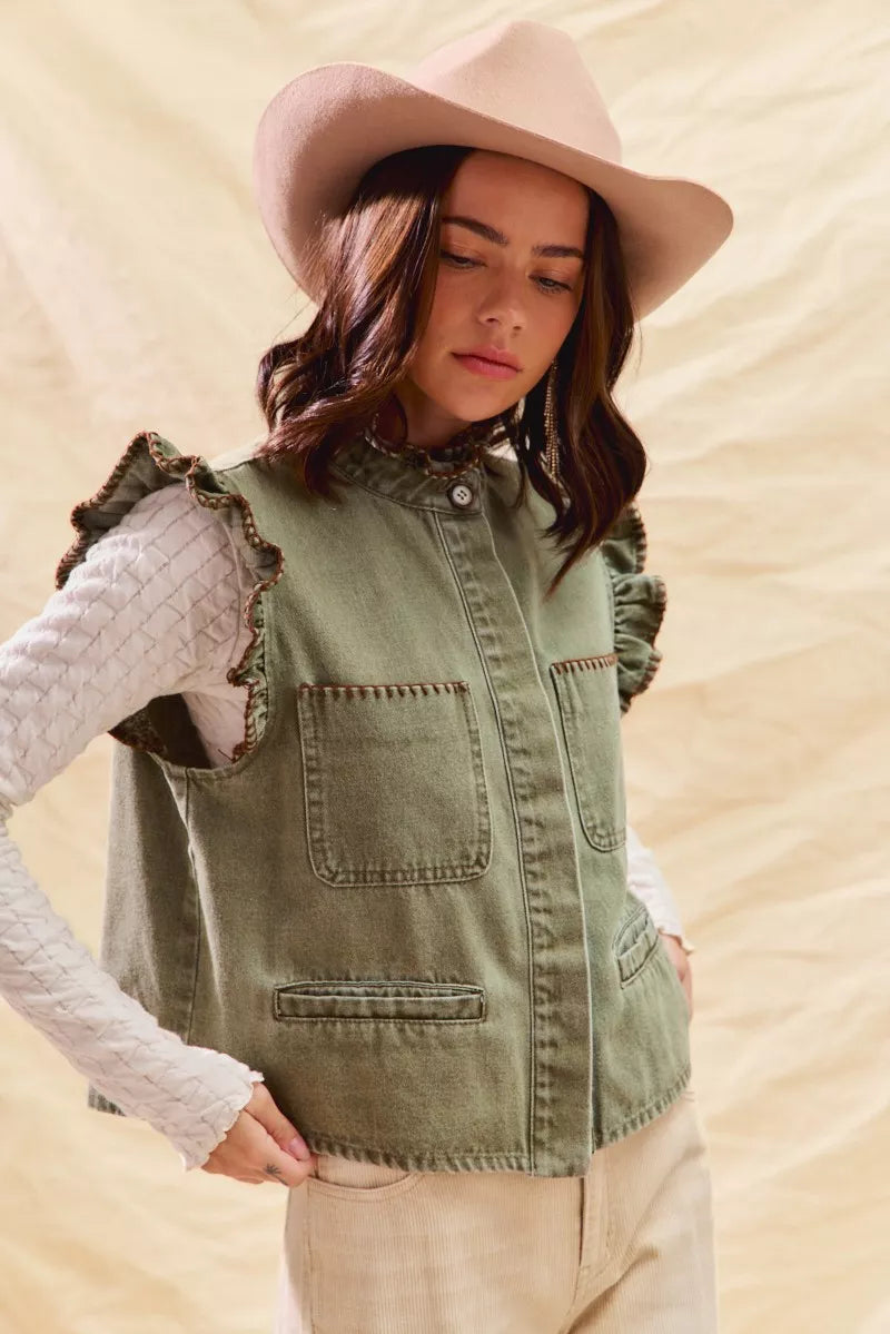 SO ME Washed Denim Stitch Ruffled Hidden Button Vest Top | Daverri Fashions