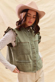 SO ME Washed Denim Stitch Ruffled Hidden Button Vest Top | Daverri Fashions