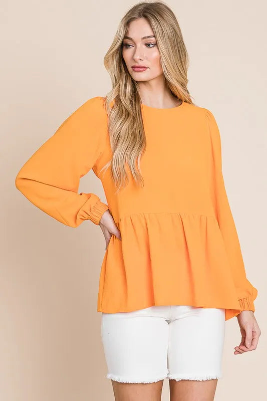 Lime 'N' Chili Round Neck Ruffle Hem Balloon Sleeve Blouse