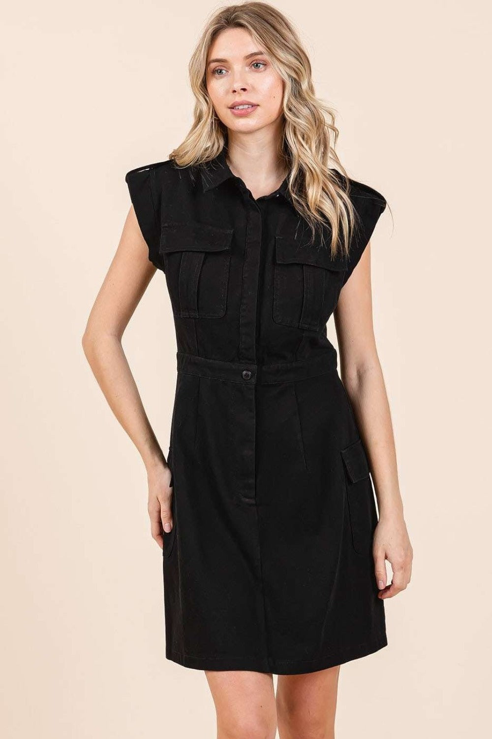 Mittoshop Cargo Pocket Half Button Mini Dress Black