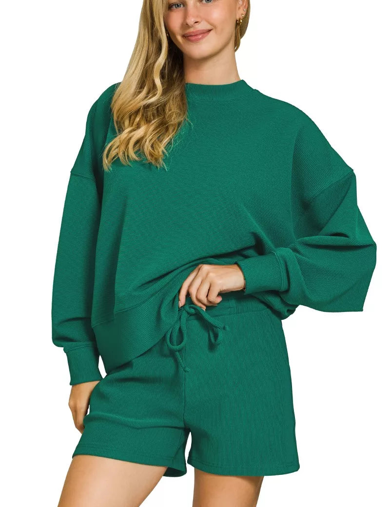 HUNTER GREEN Zenana Ribbed Round Neck Pullover and Shorts Set | Daverri Fashions