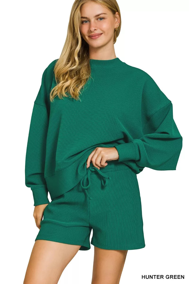 HUNTER GREEN Zenana Ribbed Round Neck Pullover and Shorts Set | Daverri Fashions
