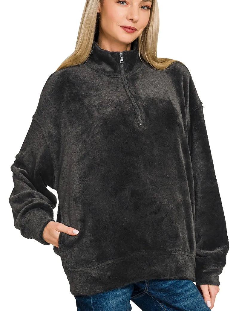 Zenana Faux Fur Half Zip Pocket Pullover | Pullovers Daverri Fashions
