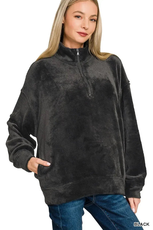 Zenana Faux Fur Half Zip Pocket Pullover - DAVERRI FASHIONS