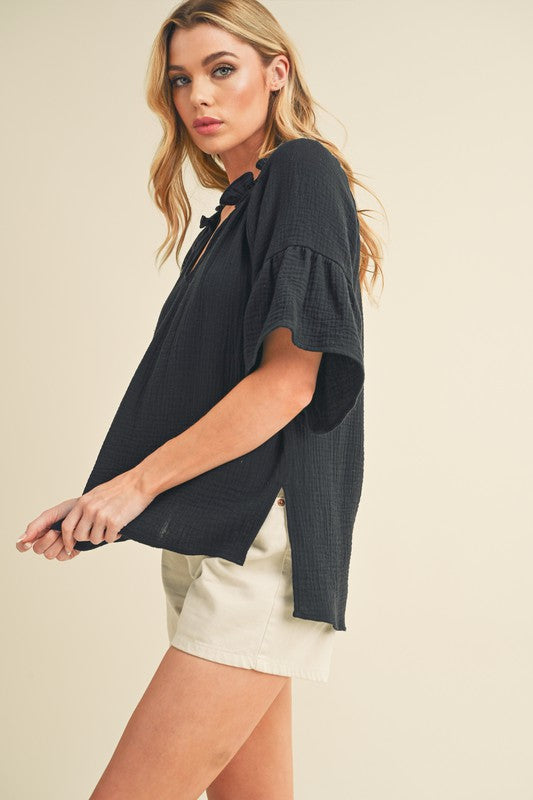 Aemi + Co Side Slit Notched Ruffled Half Sleeve Blouse Tops