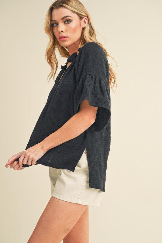 Aemi + Co Side Slit Notched Ruffled Half Sleeve Blouse Blouses