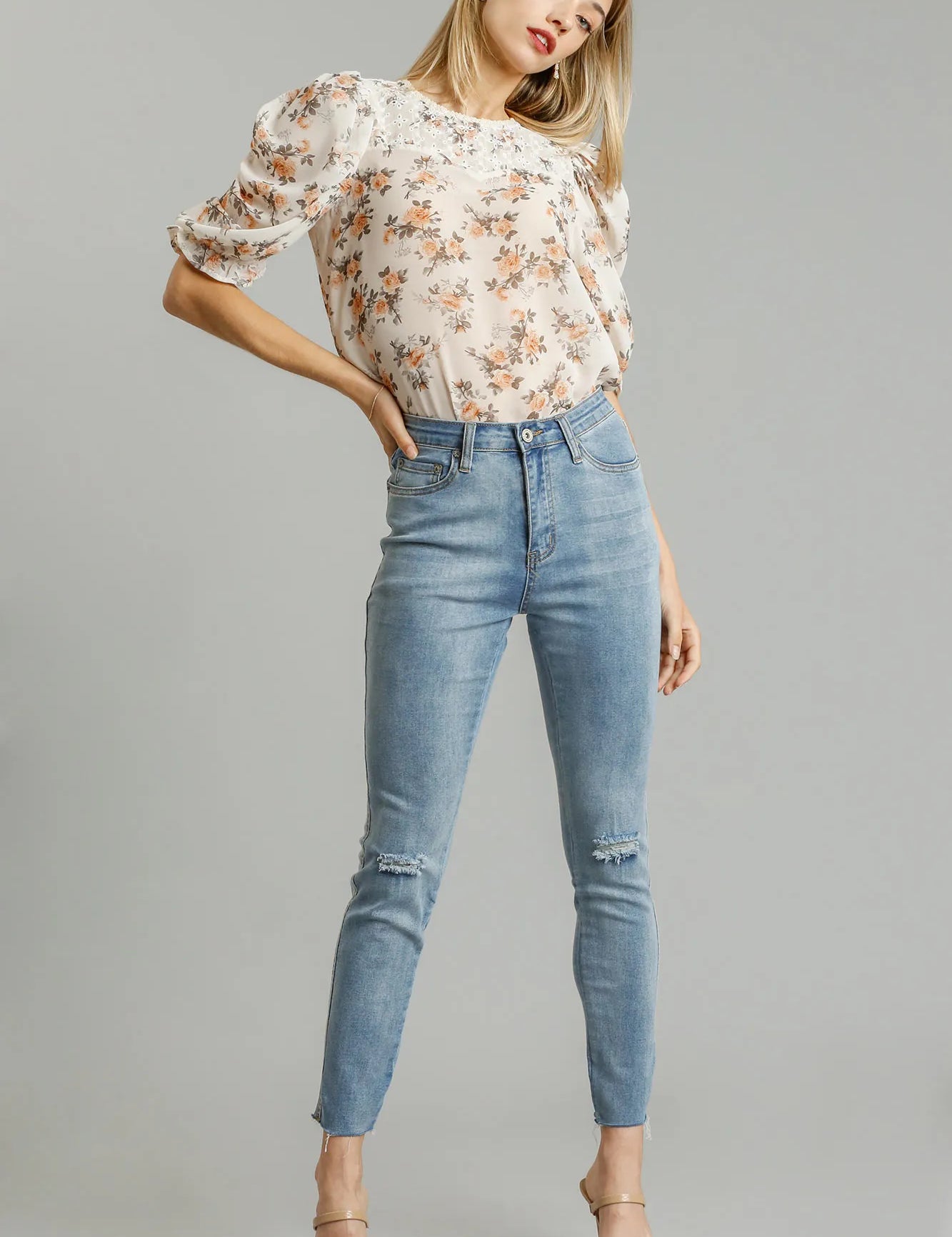 DENIM Umgee 5-Pockets Distressed Detail Stretch Denim Skinny Jeans with Unfinished Hem | Daverri Fashions