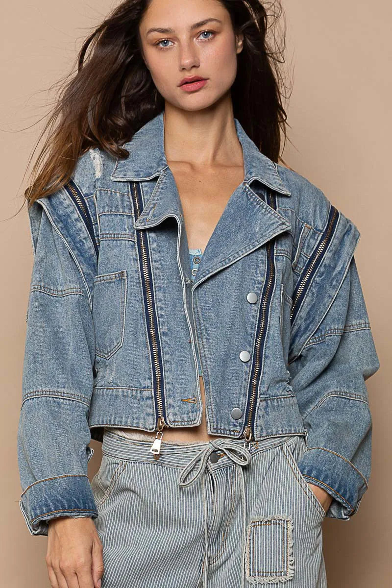 POL Cropped Denim Jacket with Functional Zipper Detail Dusty Blue Denim Jackets