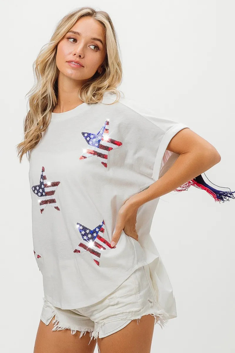 BiBi American Flag Sequin Star Fringe Top | Tops Daverri Fashions