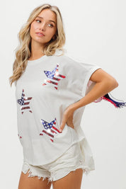 BiBi American Flag Sequin Star Fringe Top | Tops Daverri Fashions