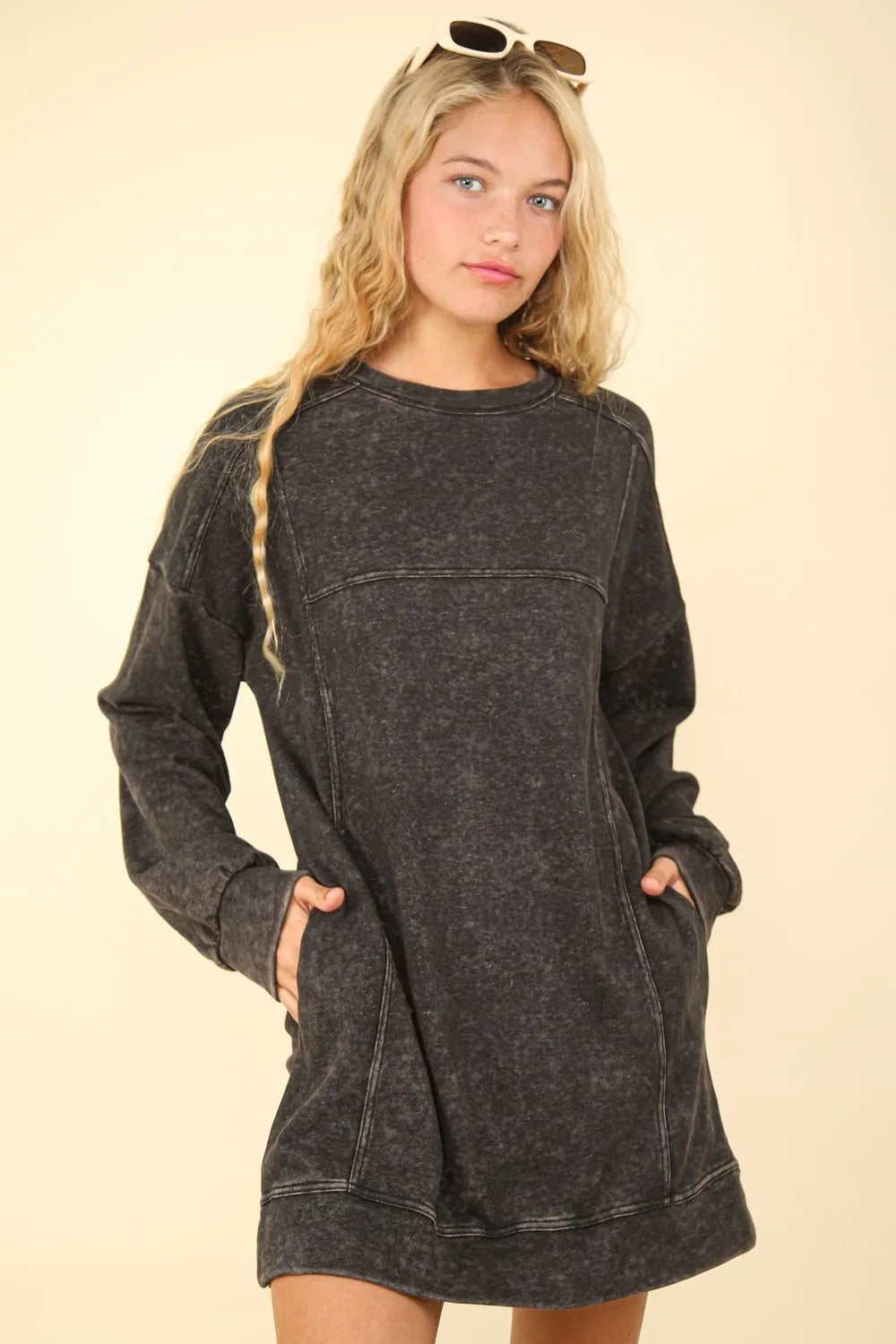 VERY J Mineral Washed Oversized Sweatshirt Mini Dress Black Mini Dresses