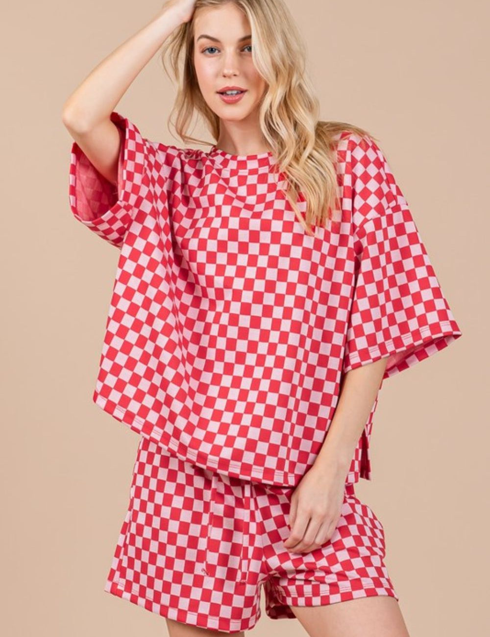 Ces Femme Checkered Round Neck Top and Shorts Set