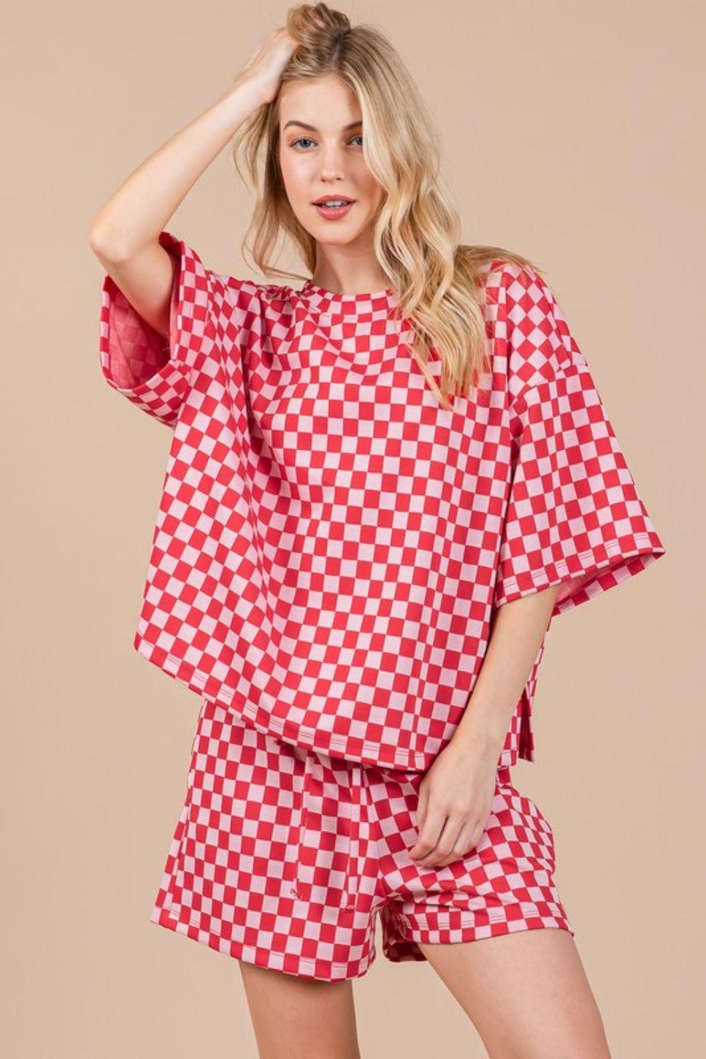Ces Femme Checkered Round Neck Top and Shorts Set Outfit Sets