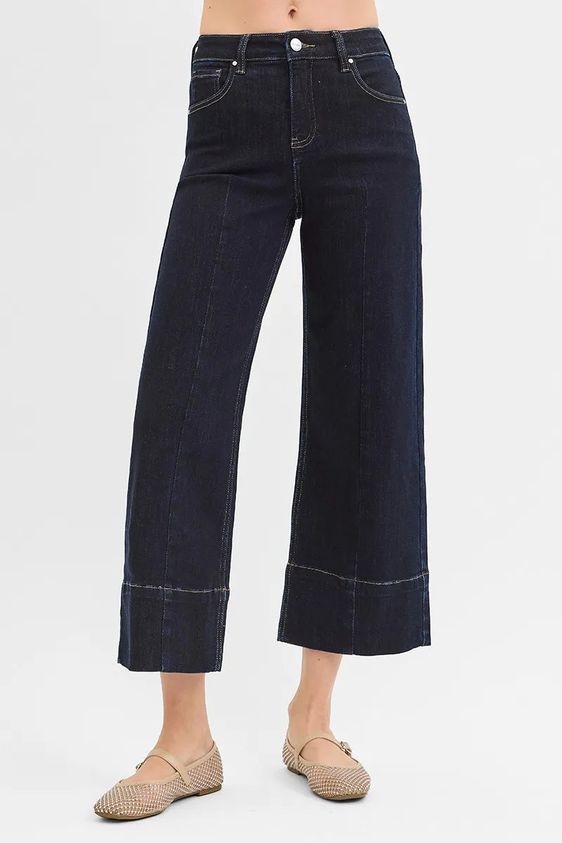 RISEN Tummy Control High Rise Crop Wide Seam Detailed Jeans Jeans