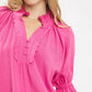 Vibrant pink Umgee linen scalloped ruffle neck blouse with puff sleeves