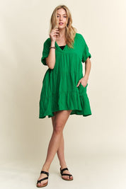 ADORA Tiered Notched Short Sleeve Dress