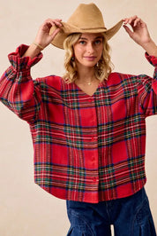 BiBi Christmas Plaid V-Neck Flounce Sleeve Jacket | Jackets Daverri Fashions