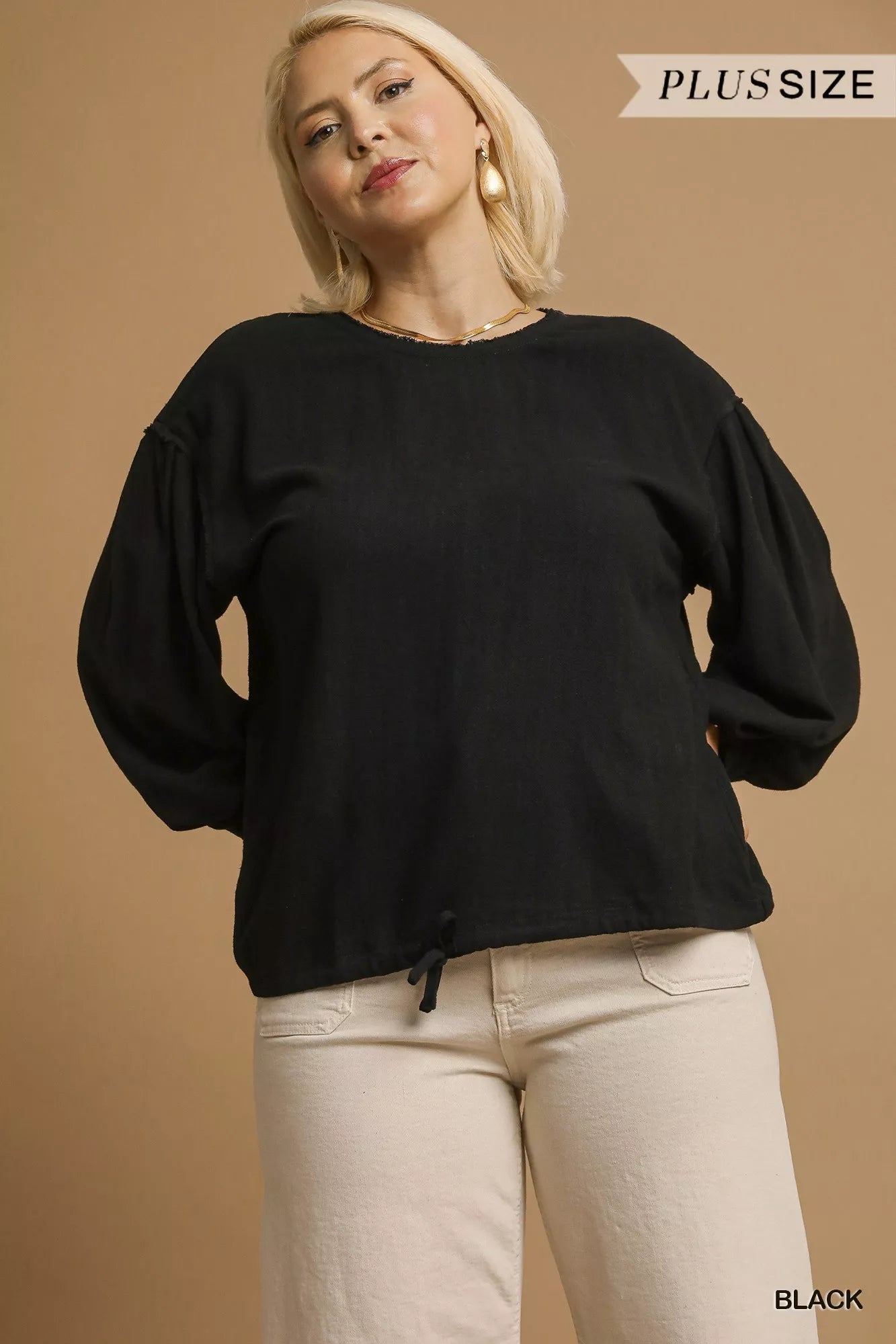Umgee Full Size Linen Long Sleeve Top with Drawstring Plus Size | Blouses Daverri Fashions