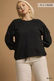 Umgee Full Size Linen Long Sleeve Top with Drawstring Plus Size | Blouses Daverri Fashions