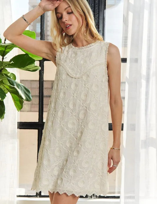 ADORA Applique Round Neck Sleeveless Shift Dress | Mini Dresses Daverri Fashions