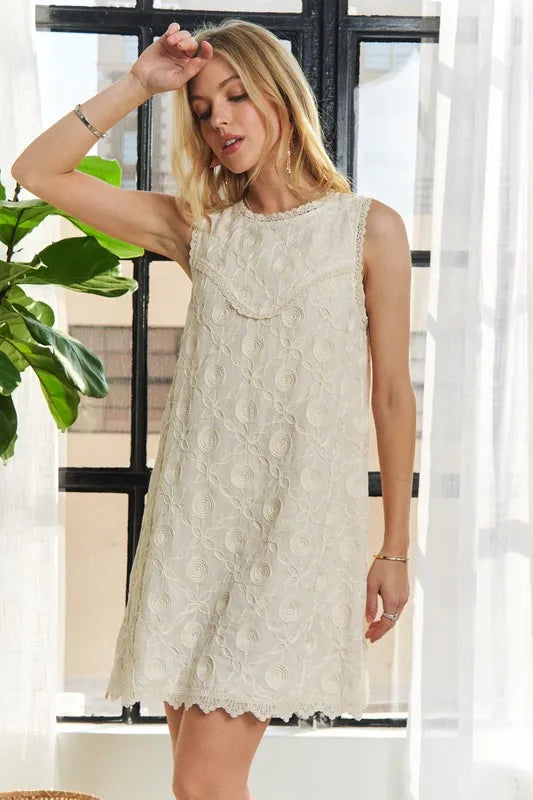 ADORA Applique Round Neck Sleeveless Shift Dress Mini Dresses