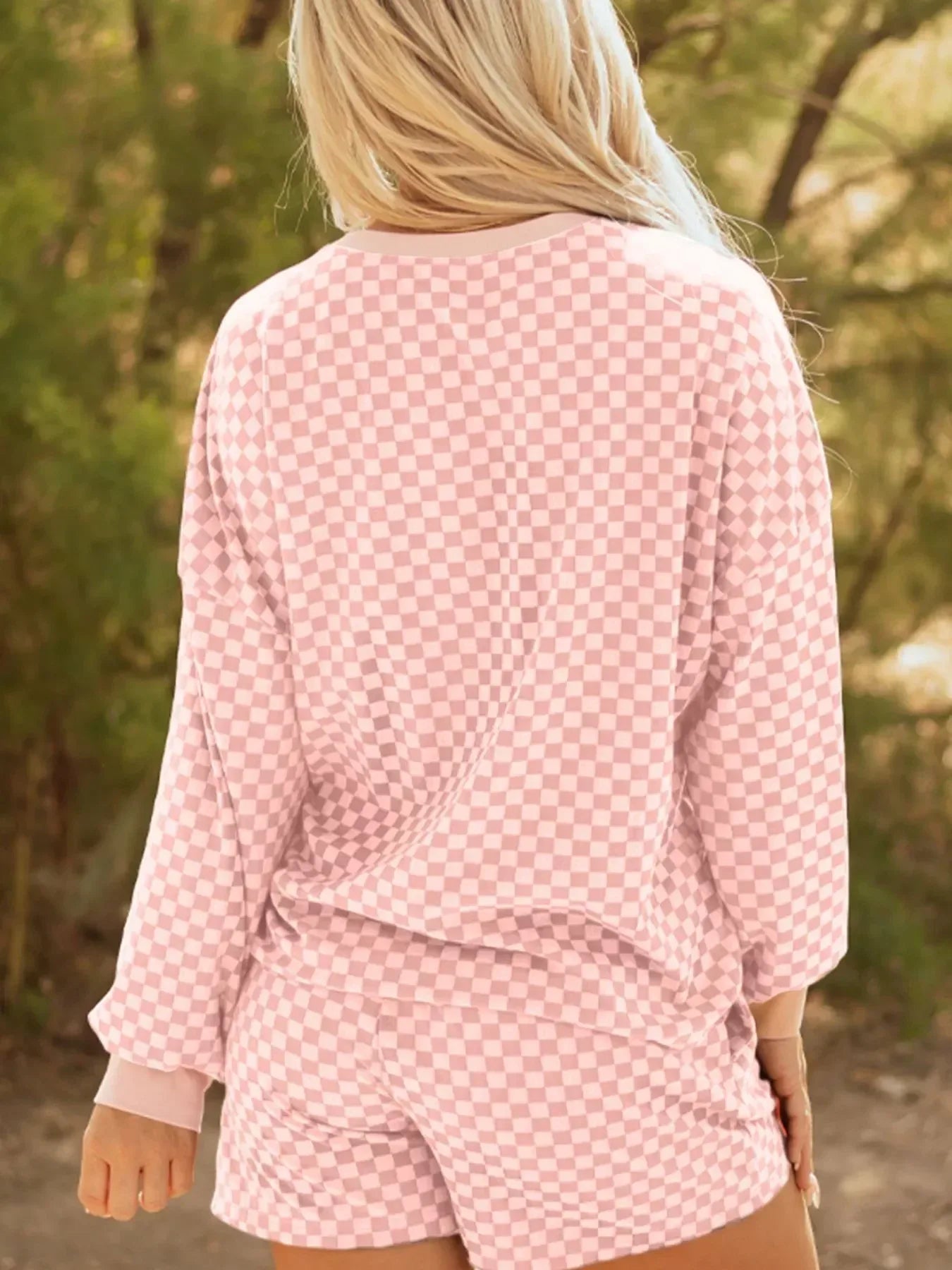 Daverri Fashions Checkerboard Long Sleeve Pullover and Shorts Set - DAVERRI FASHIONS