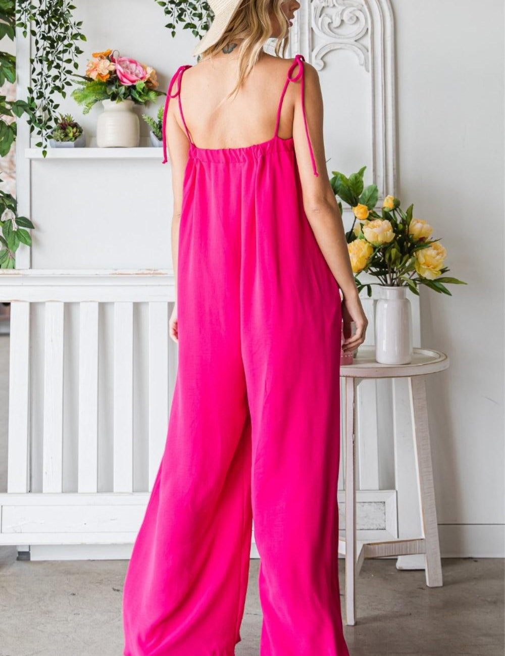 Veveret Pocketed Spaghetti Strap Wide Leg Jumpsuit Jumpsuits