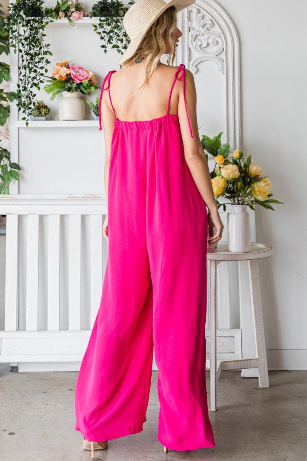 Veveret Pocketed Spaghetti Strap Wide Leg Jumpsuit Jumpsuits