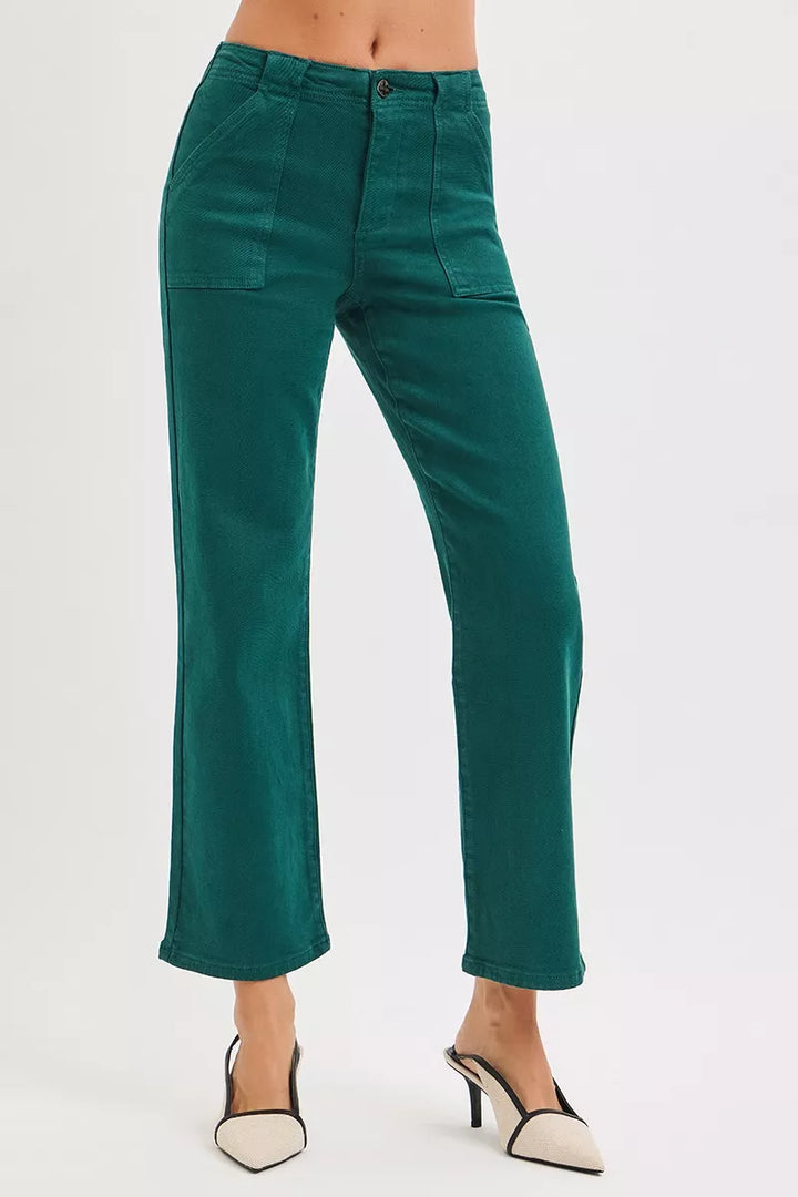 RISEN High Rise Ankle Flare Patch Pocket Jeans | Daverri Fashions
