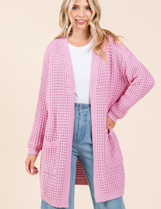 Mittoshop Open Front Long Sleeve Longline Cardigan Pink