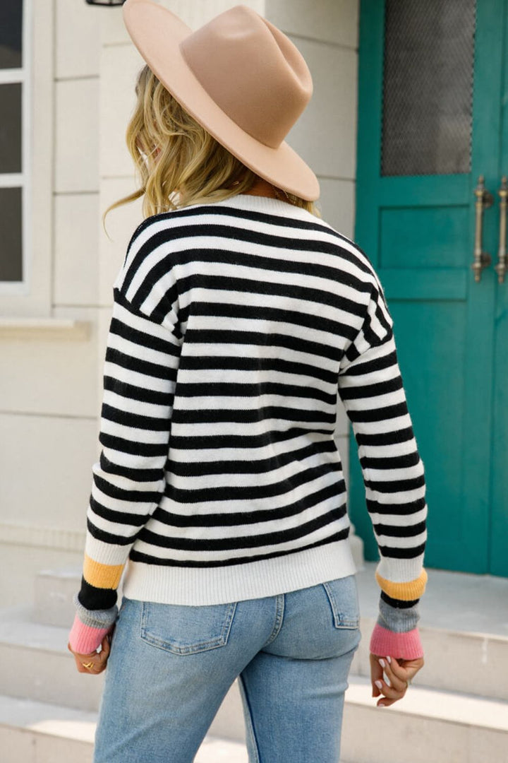 Angel Wings Warm Spice Striped Round Neck Sweater | Sweaters Daverri Fashions