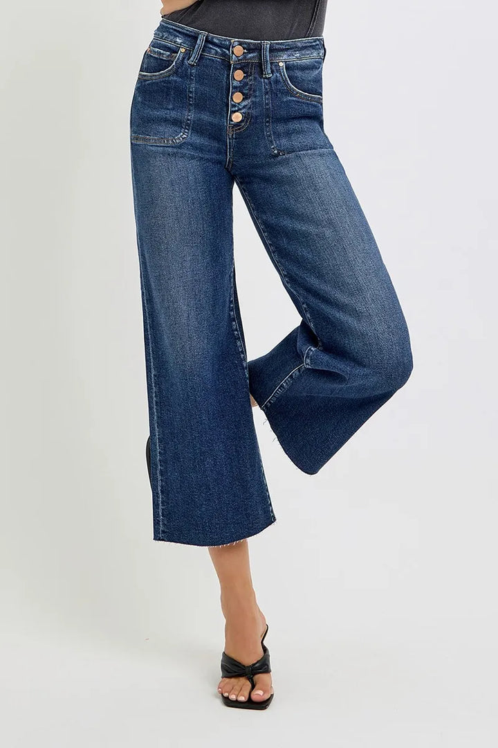 RISEN Full Size High Rise Crop Wide Button Up Jeans Plus Size DARK Jeans