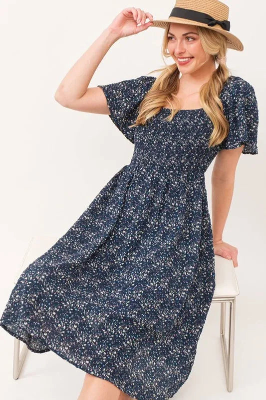 Lime 'N' Chili Smocked Floral Print Flutter Sleeve Midi Dress