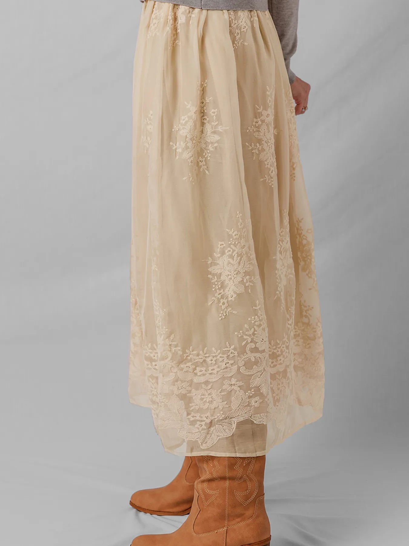 Embroidered Mesh Overlay Flowy Midi Skirt | Skirts Daverri Fashions
