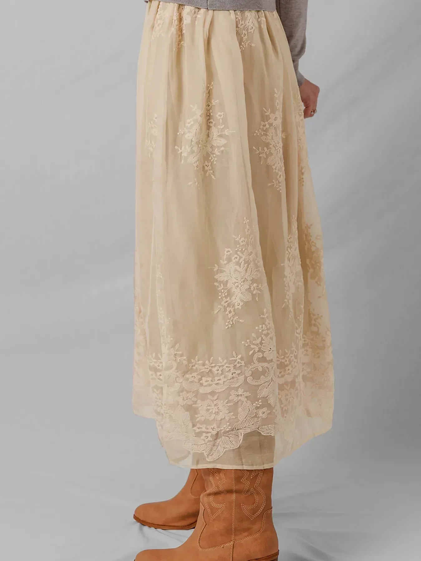 Embroidered Mesh Overlay Flowy Midi Skirt - DAVERRI FASHIONS