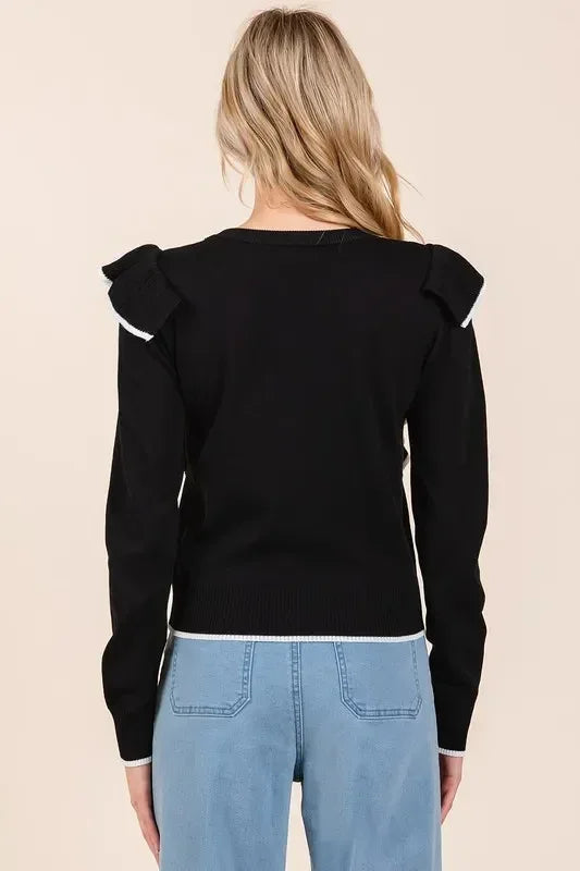 Mittoshop Contrast Trim Ruffled Round Neck Knit Top - DAVERRI FASHIONS