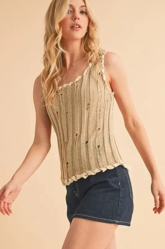 Aemi+Co Distressed Detail Round Neck Knit Tank - DAVERRI FASHIONS