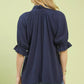 Umgee navy blue linen scalloped ruffle neck blouse with puff sleeves