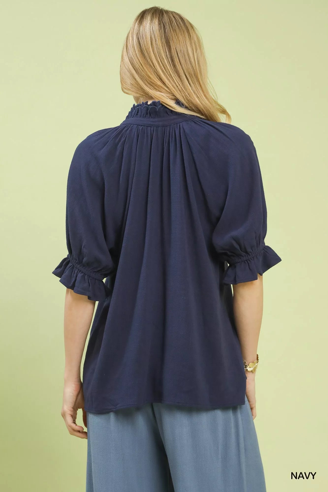 Umgee navy blue linen scalloped ruffle neck blouse with puff sleeves