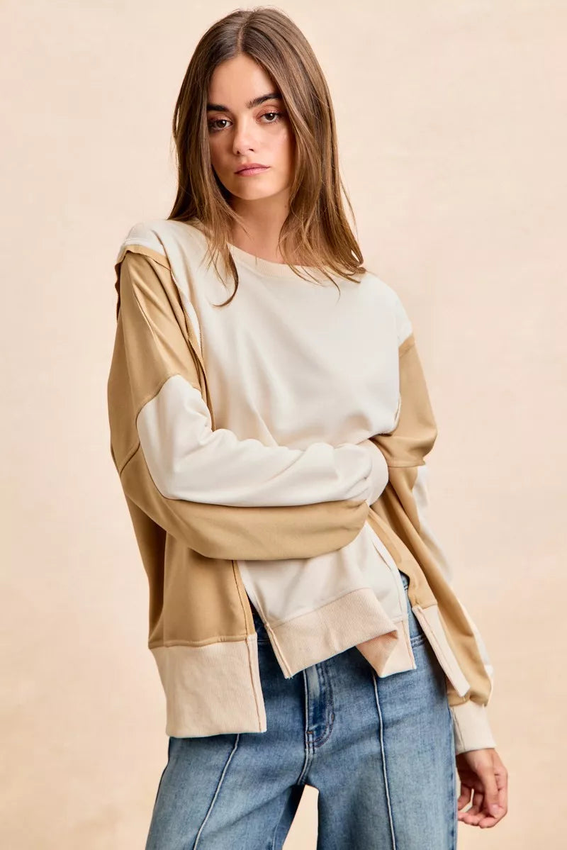 BiBi French terry color block top in beige and cream with relaxed fit
